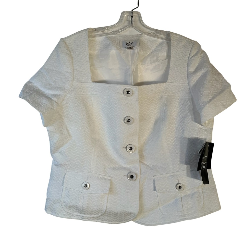 Le Suit‎ Petite Womens 16P Short Sleeve Blazer Jacket White Textured Square Neck